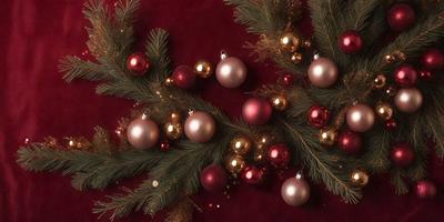 The primary subject of the image is a close-up of a Christmas tree decorated with ornaments. The tree is adorned with various gold and red ornaments, creating a festive and warm atmosphere. The setting is a red background, which complements the colors of the ornaments. The visual style is a close-up, focusing on the intricate details of the ornaments and the tree. The overall mood of the image is joyful and celebratory, as it captures the essence of the holiday season
